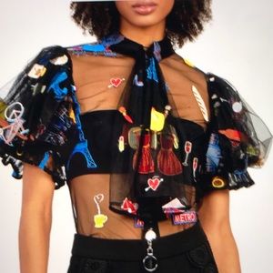 Sheer embroidery shirt with puffed sleeves